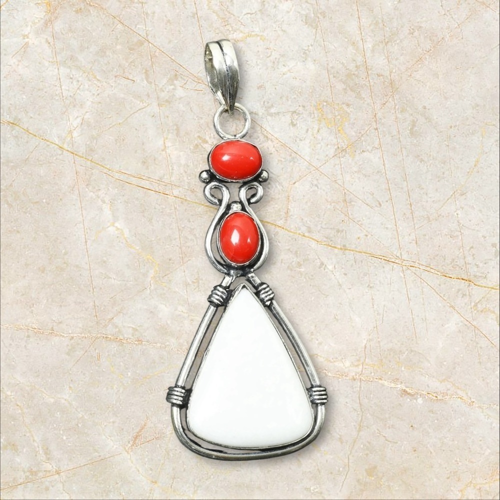 Hand Crafted Artisan Jewelry WHITE OPAL AND RED CORAL Silver Pendant Teardrop